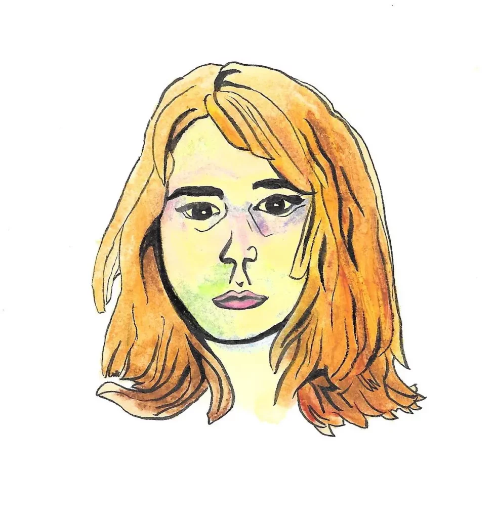autoportrait d'Alice Viry réalisé aux craies aquarellables et feutre noir
