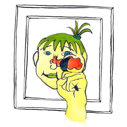 dessin d'un visage se peignant lui-même dans un cadre