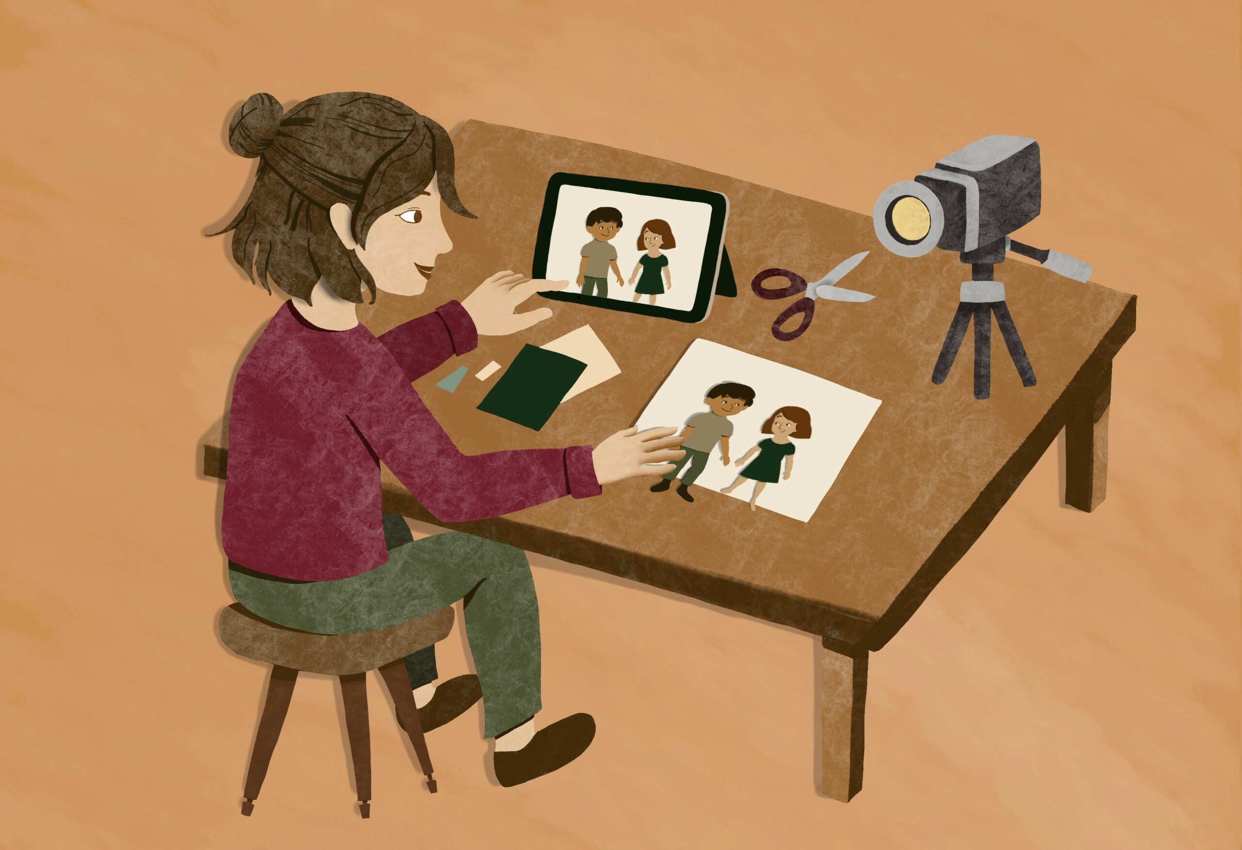 participante à un atelier d'image animée en papier découpé (illustration digitale)