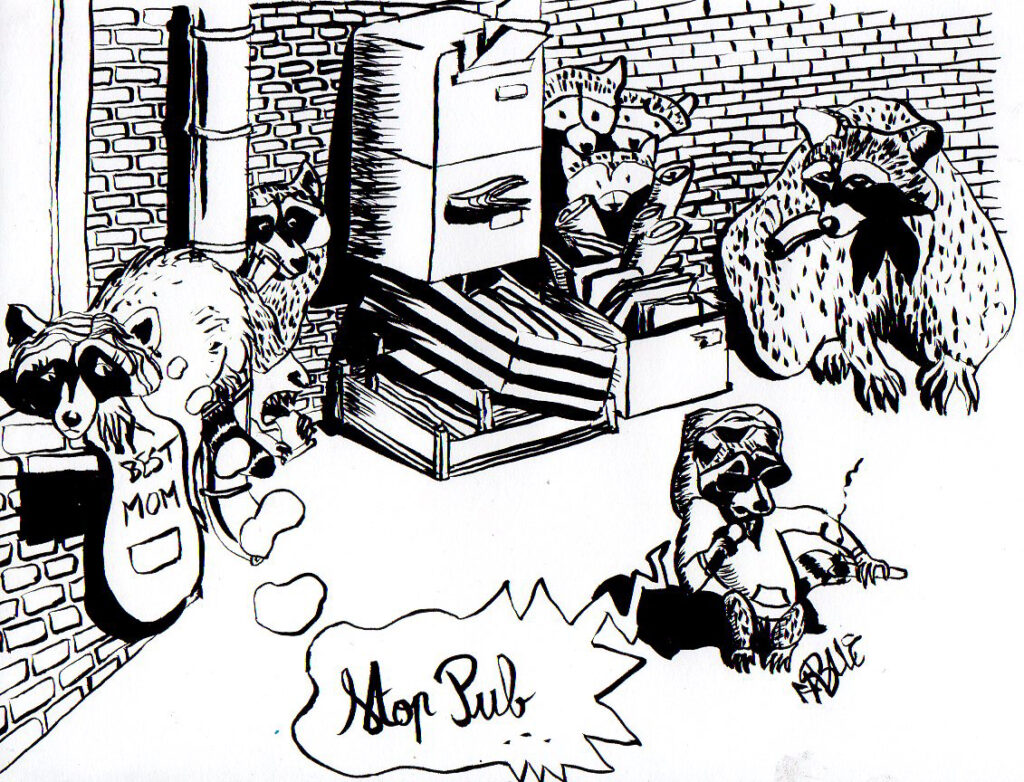 illustration à l'encre d echine sur papier mentionnant "Stop Pub"