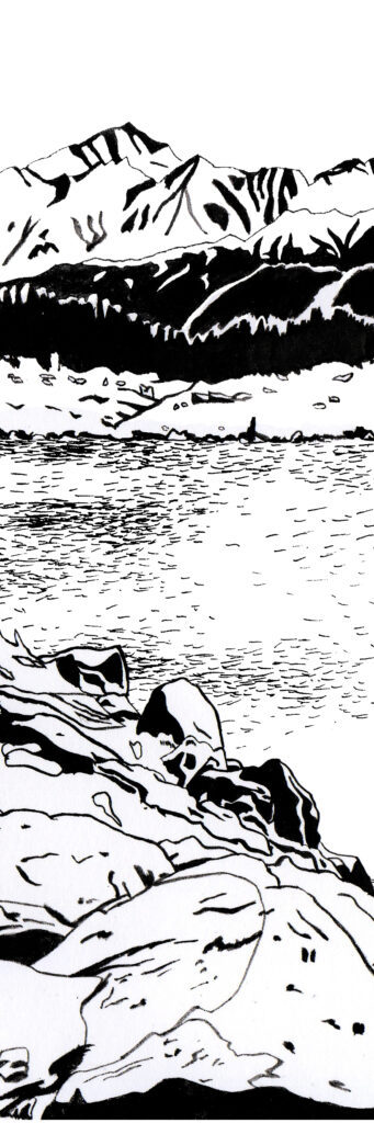 dessin à l'encre de Chine d'un lac dans la montagne, format marque-page