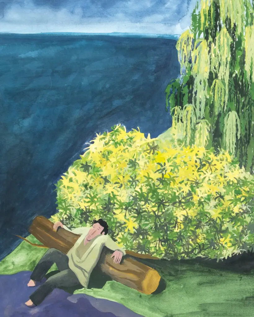 reproduction de l'illustration à la goucahe de l'Invention de Morel : un personnage les pieds dans l'étang se cache derrière un bosquet